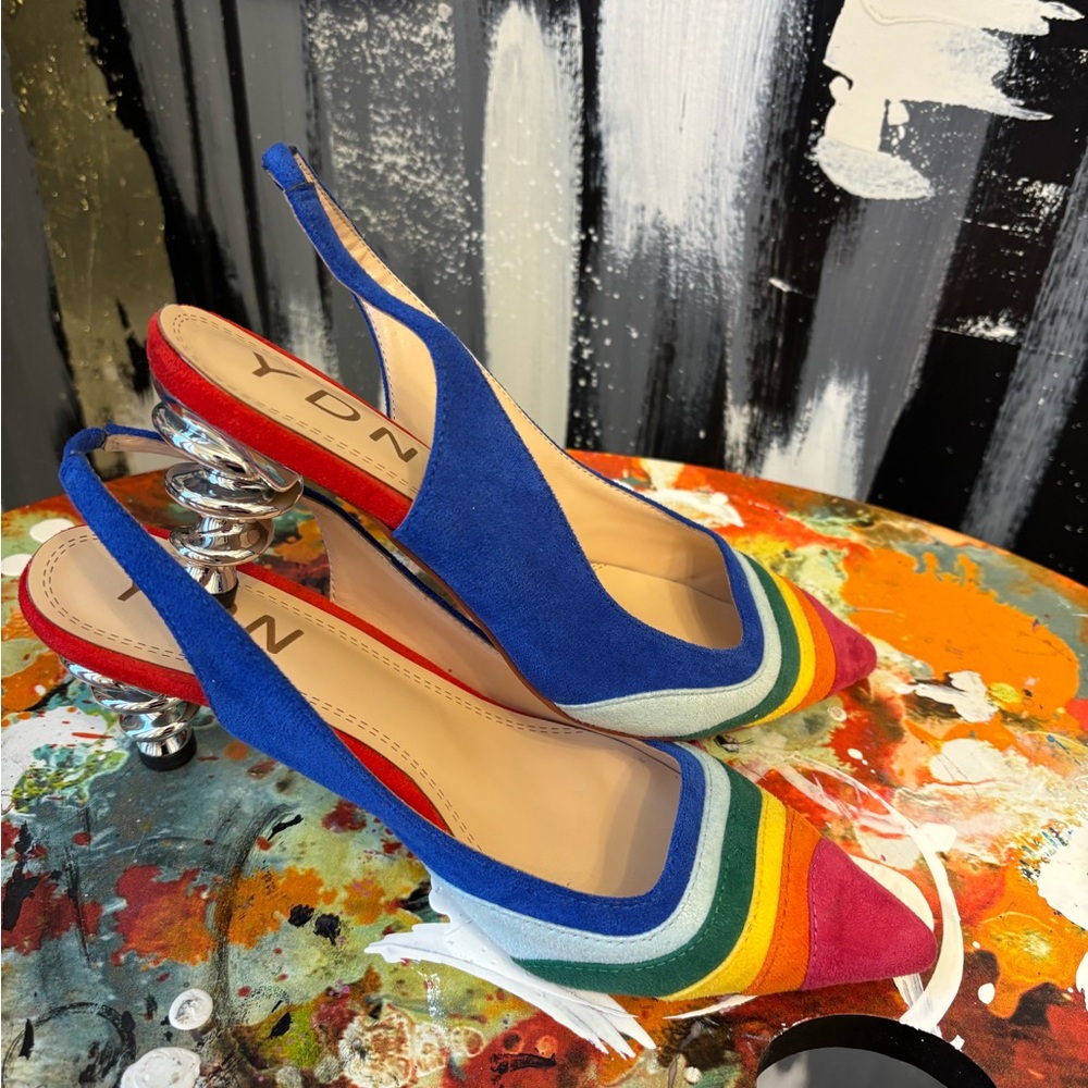 YDN Blue Suede Slingback Kitten Heel with Rainbow Toe and Sculptural Silver Heel
